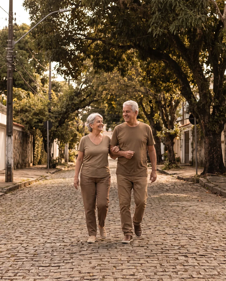 Casal de idosos caminhando juntos por uma rua arborizada